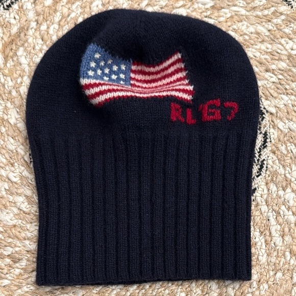Polo Ralph Lauren Navy Blue Wool American Flag RL\'67 Ribbed Knit Beanie Hat